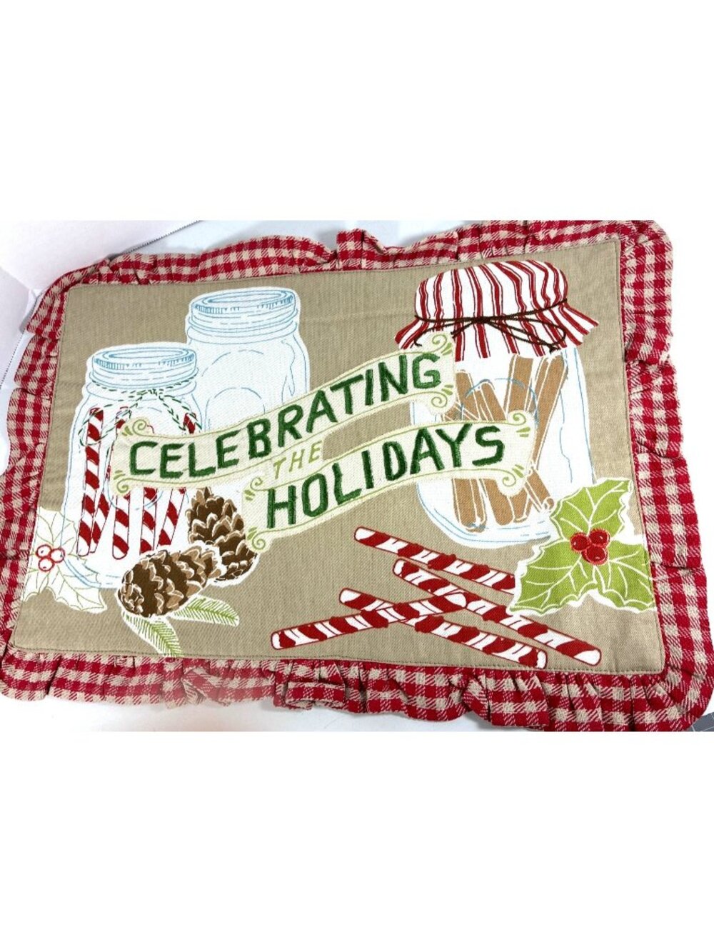 Set of 6 St Nicholas Square Christmas Placemats Cotton Farmhouse Gingham Holiday